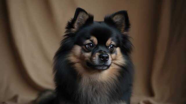 Fluffy black and tan Pomeranian sitting gracefully in front of a soft brown backdrop, showcasing bright eyes and an adorable expression that highlights its friendly personality.