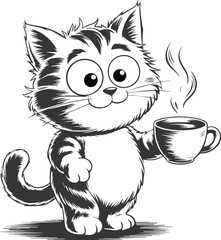 Cartoon cat holding a cup of coffee isolated on white background