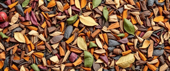 A diverse collection of loose leaf teas in various colors and textures, teacup, aromatic