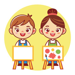 Two happy cartoon children painting on easels one with a blank canvas and the other with colorful abstract art