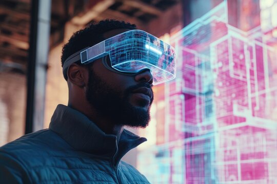 A man using virtual reality headset with a digital grid overlay, immersing himself in a futuristic digital world.