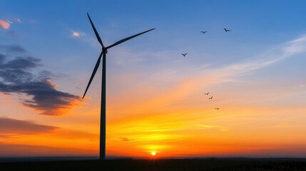 Golden sunset casts vibrant colors in the sky behind a wind turbine. Birds soar in the air, creating a serene rural atmosphere. The day transitions to night, showcasing nature's beauty