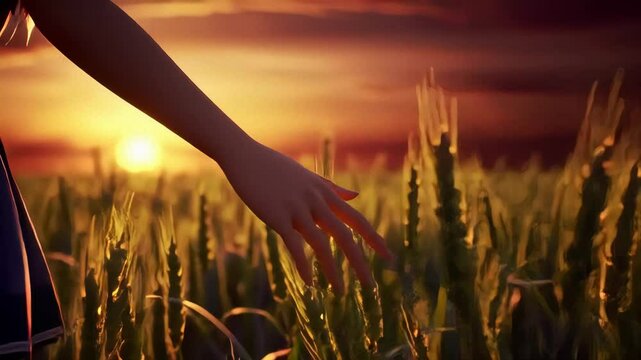 Hand in a golden wheat field at sunset