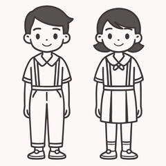 Cute Cartoon Boy and Girl in School Uniform Illustration Back to School Education and Childhood Concept Line Art