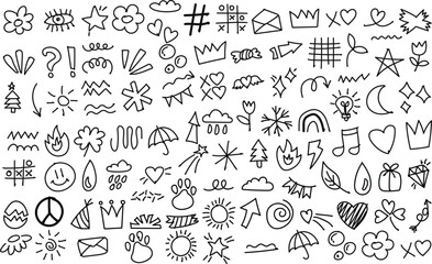 Hand-drawn doodle icon set with cute, trendy, minimalist sketch symbols including hearts, arrows, stars, flowers, crown, clouds, rainbows, and more. Perfect for vector design, stickers, and decor.