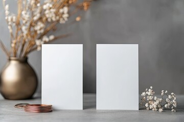 Obraz premium Blank cards, neutral backdrop, dried flowers