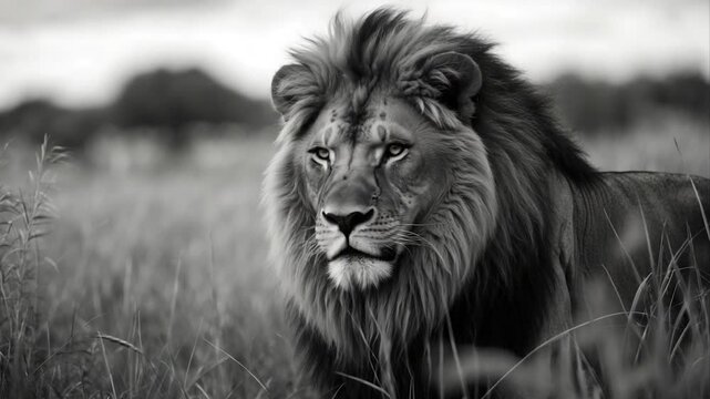 Majestic lion in profile capturing sharp features and flowing mane, set against a blurred natural landscape, highlighted by dramatic black and white tones.