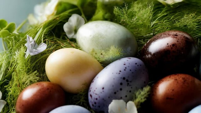 Assorted colorful easter eggs with speckled pattern on fresh green spring grass, featuring white flowers, holiday decoration, celebration theme