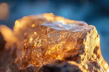 Fototapeta premium Close-up of a translucent, golden ice formation on a textured surface with a blurred blue background, illuminated by warm light.