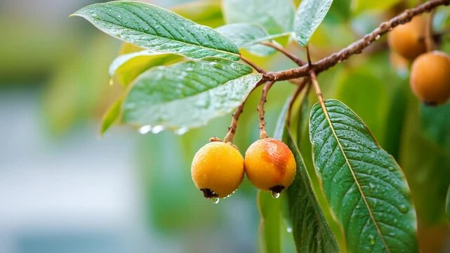 Video of ripe juicy sweet loquats in water droplets hanging on a branch with green leaves. Gardening