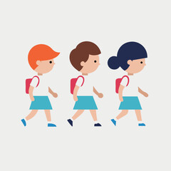 Three School Children Walking in Uniform with Backpacks Diverse Hair Colors Flat Vector Illustration on Light Background Education Concept