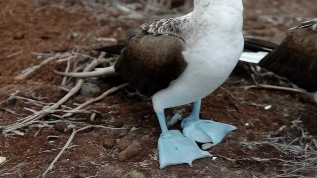 Pair of blue footed boobies stand on ground with characteristic blue feet, plumage detail, avian wildlife photography, avian behavior and unique appearance