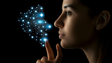 Woman's profile with a digital face projection.