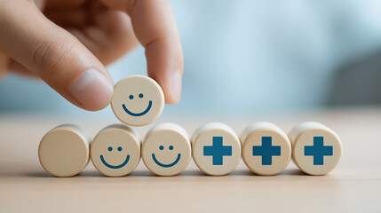 A hand choosing a smiley face symbol for positive health and wellbeing concept