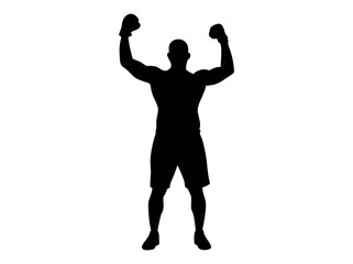 Silhouetted boxer celebrating victory, powerful silhouette of a male boxer celebrating a win, celebration, triumph, success, achievement, athlete, sportsman, muscular, silhouette, black and white, act