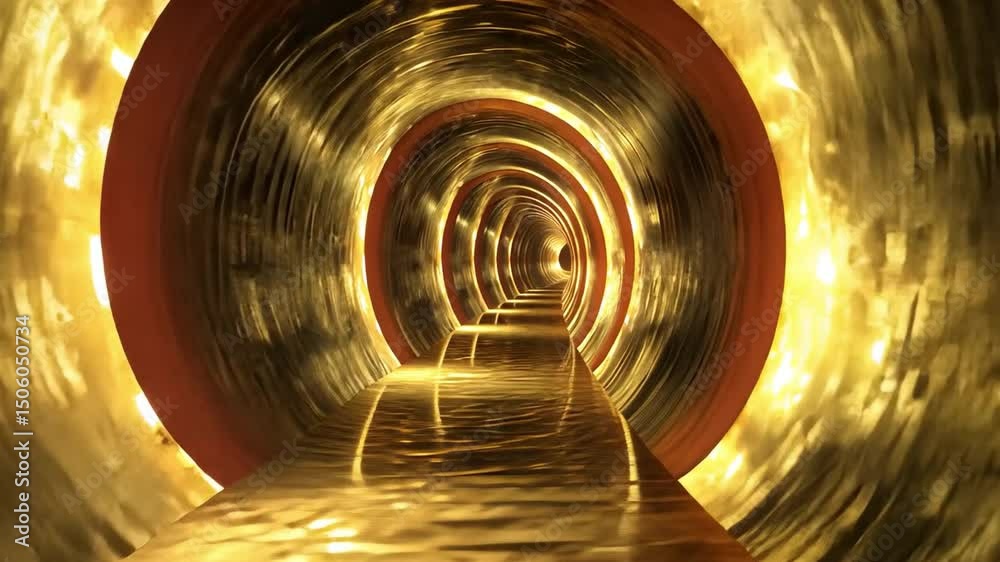 Poster exploration of mesmerizing tunnel illuminated by golden light, where circular design and reflective 