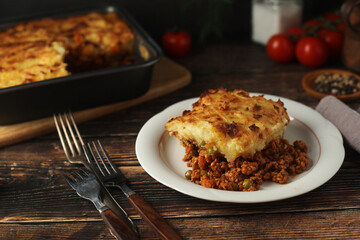 A shepherd's pie, freshly backed and ready to be served. Traditional English dish