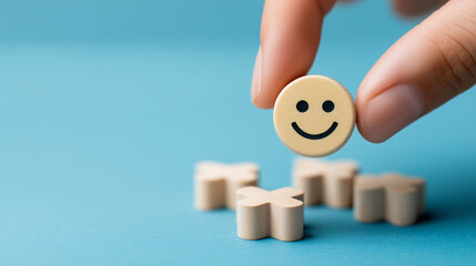 Hand holding smiling face wooden block over other unhappy wooden shapes on blue background