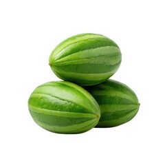 Three green striped watermelons stacked isolated on white background