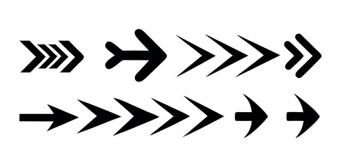 Set of Various Black Arrow Icons on White Background,  collection of diverse arrow icons in a bold black silhouette against a clean white arrow icons, perfect for user interface (UI) design, icon, i
