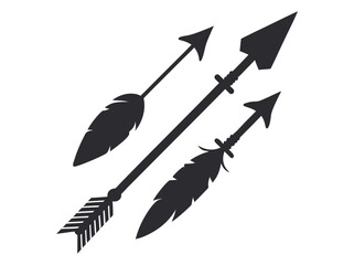 Set of four stylized tribal-inspired arrows, Silhouette of multiple arrows in various sizes, arrow, arrows, silhouette, black and white, black, white, graphic design, vector, illustration, hunting, wa