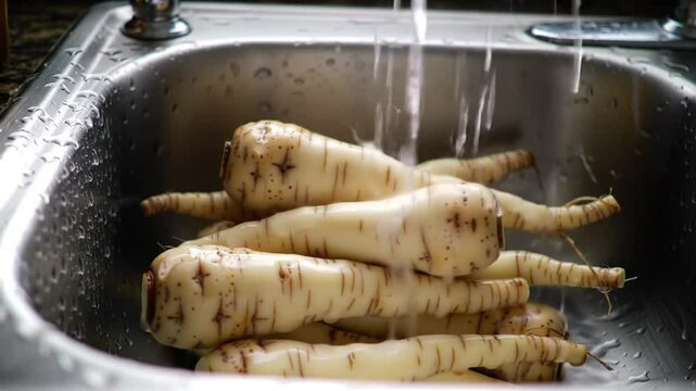 Arracacha Roots Being Washed Inside A Kitchen Sink Before Cooking