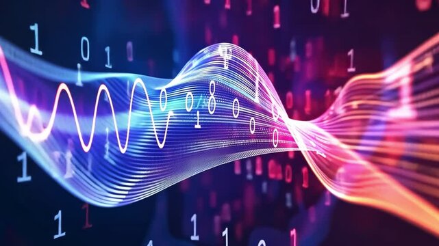 Vibrant Digital Wave Colorful Abstract of Binary Code and Data Flow, Showcasing Technology, Innovation, and Connectivity in Dynamic Visual Experience.