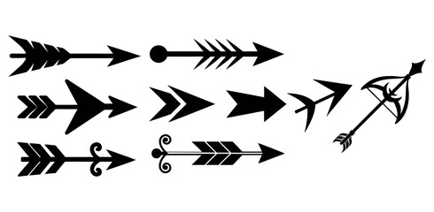 Naklejka premium Set of Various Black Arrow Icons on White Background, collection of diverse arrow icons in a bold black silhouette against a clean white arrow icons, perfect for user interface (UI) design, icon, i