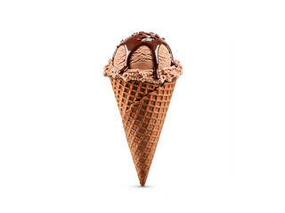 Delicious chocolate ice cream cone with drizzle and sprinkles isolated on white background.