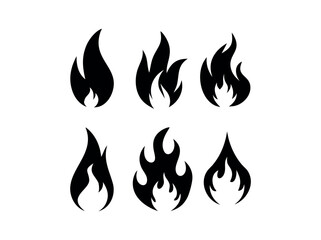Fire Icons for Various Design vector illustration, black fire icons in various stylized flame shapes, suitable for use in logos, websites, apps, or any design project needing a graphic representation,