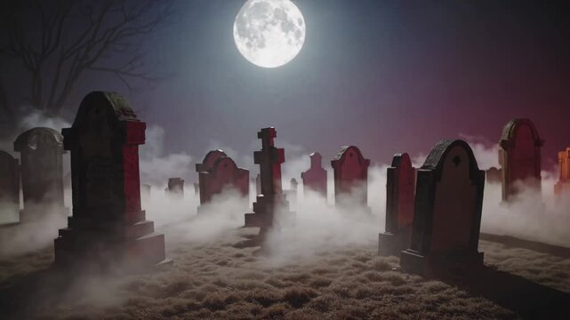 Spooky Graveyard at Night with Fog and Full Moon – Halloween Horror Scene for Seasonal Content and Film Projects
