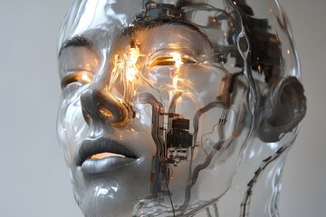 A futuristic, transparent human head with internal circuitry and glowing eyes, blending technology with human form.