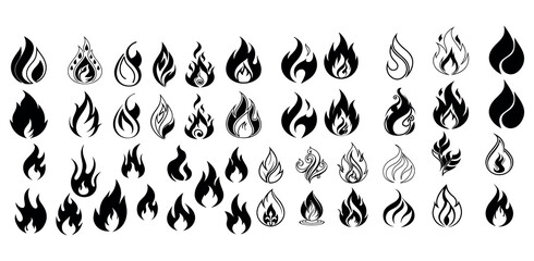 Fire Icons for Various Design vector illustration, black fire icons in various stylized flame shapes, suitable for use in logos, websites, apps, or any design project needing a graphic representation,