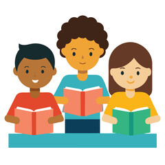 Diverse Group of Children Reading Books Together in a Flat Vector Illustration Style for Educational and Learning Concepts