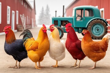 Colorful hens and rooster gathering near rustic farmyard with a blue tractor