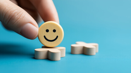 Hand placing smiley face wooden piece on a flower shape abstract symbol concept