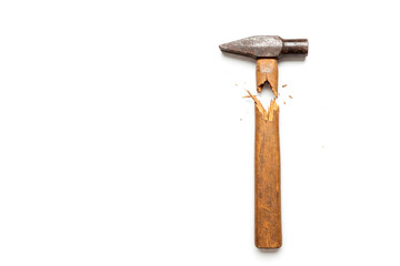 A broken wooden hammer on a white background. Space for text.