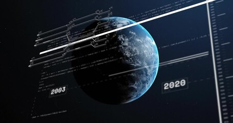 On node emergence globe rotating slanted timeline bar sweeping updating years showing data trends - Powered by Adobe