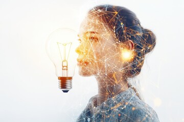 A woman's profile is overlaid with a network of lights and an adjacent glowing lightbulb, representing creativity and innovation.