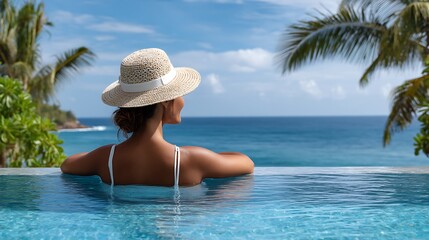 Woman in hat relaxing in infinity pool overlooking the ocean on a sunny day at a tropical resort