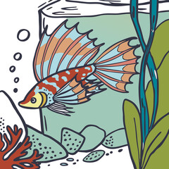 Obraz premium Realistic full-body illustration of a colorful Betta fish, perfect for aquarium-themed designs, pet artwork, or aquatic décor projects.