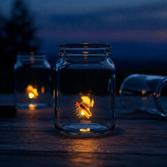 Firefly in a jar against the background of twilight.
