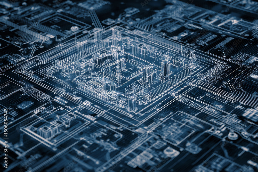 Poster futuristic electronics blueprint with digital patterns.