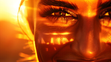 Intense, close-up view of a face illuminated by the sun.