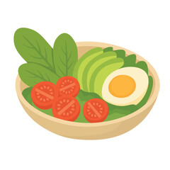 Fresh salad bowl with avocado, egg, tomatoes and greens in cartoon flat style illustration.