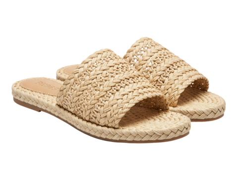 A pair of woven straw beach sandals with flat soles and natural fiber texture, soft frontal lighting, no reflections or gloss, isolated on a transparent background