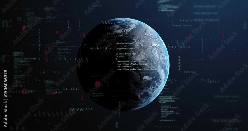 Aufkleber digital earth rotating as binary streams fading in illustrating data network enveloping planet