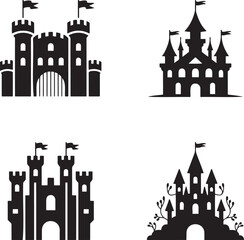 Fototapeta premium Fantasy Magic Castle silhouette set vector isolated On Transparent Background