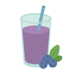 Glass of purple blueberry smoothie with straw and berries, flat cartoon healthy drink illustration.