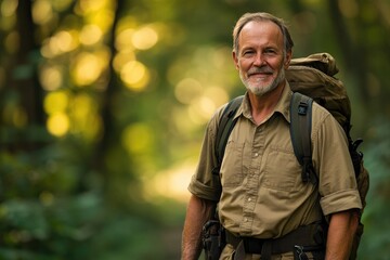 Obraz premium A smiling senior man is hiking in the forest with a large backpack on his back.